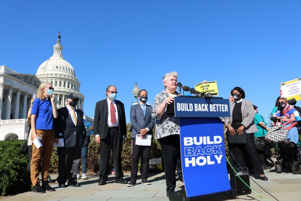 Carol Zinn speaks at Build Back Better event: St. Joseph Sr. Carol Zinn speaks at the Oct. 20 interfaith event calling for Congress to pass President Joe Biden's "Build Back Better" legislation. (Courtesy of NETWORK 