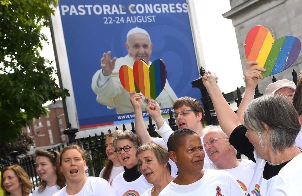 An LGBT choir sings outside the Pastoral Congress at the World Meeting of Families in Dublin Aug. 23, 2018. (CNS/Reuters/Clodagh Kilcoyne)