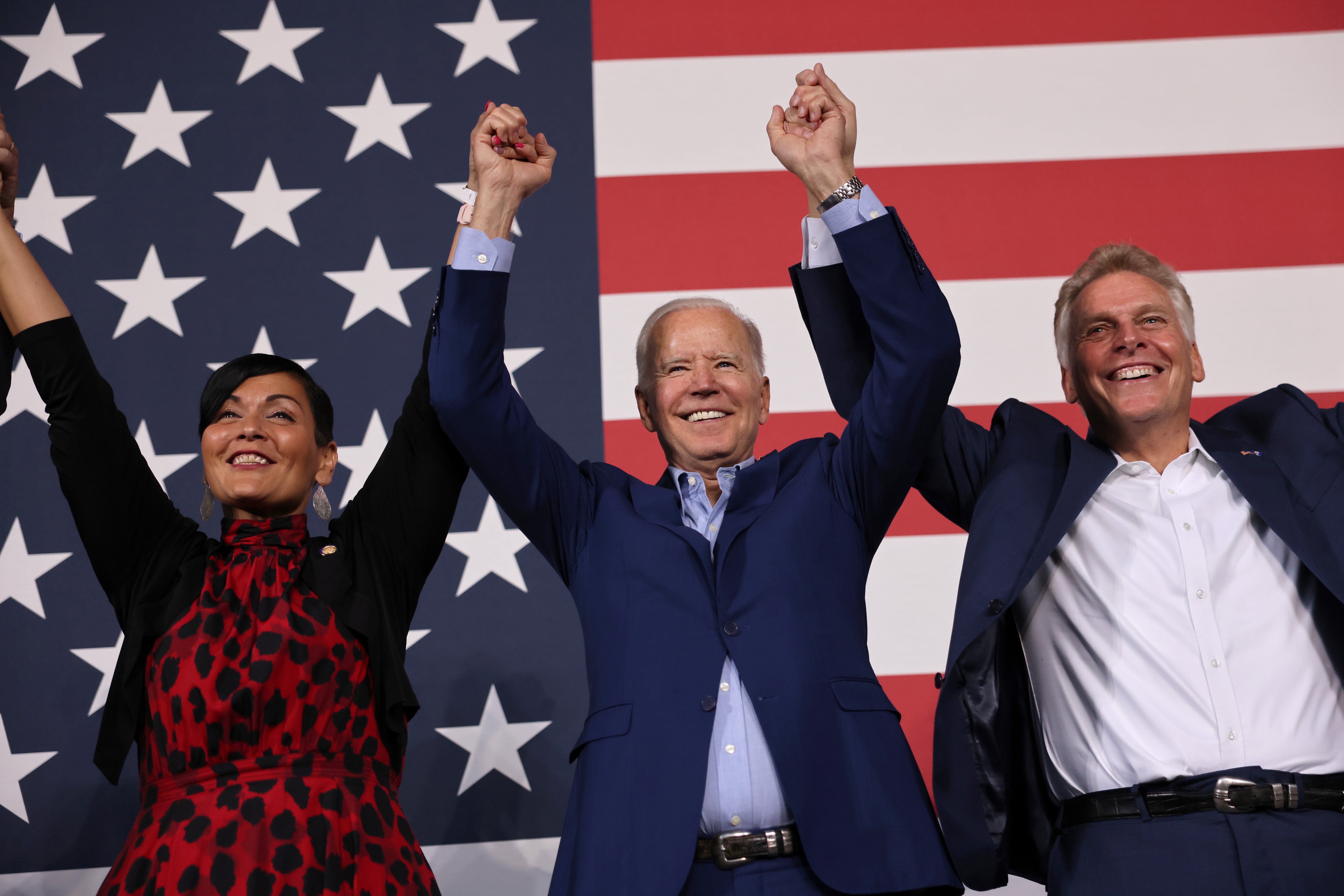 President Joe Biden participates in a campaign event at Lubber Run Park in Arlington, Va., July 23 with Hala Ayala, Democratic nominee for Virginia lieutenant governor, and Terry McAuliffe, Democratic nominee for governor. (CNS/Evelyn Hockstein)