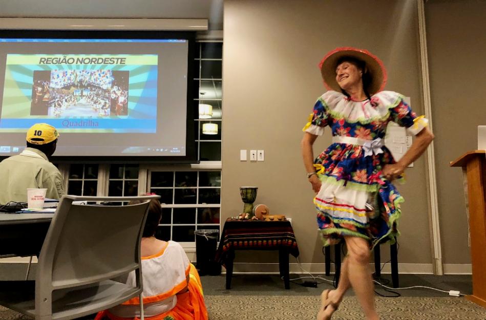 On the conference's final night, Sr. Joanne Pundyk of the Holy Names of Jesus and Mary dances the "quadrilha" from the northeastern region of Brazil, where she ministers.