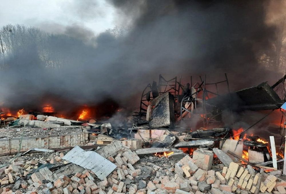 A view shows the Ukrainian State Border Guard Service site damaged by shelling near Kyiv, Ukraine, Feb. 24. (CNS/Reuters/Courtesy of the press service of the Ukrainian State Border Guard Service)