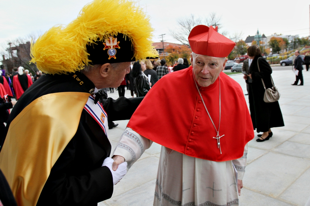 A Knight of Columbus greets then-Cardinal Theodore McCarrick, retired archbishop of Washington, at the Cathedral Basilica of the Sacred Heart in Newark, New Jersey, in 2013. (CNS/Gregory A. Shemitz)