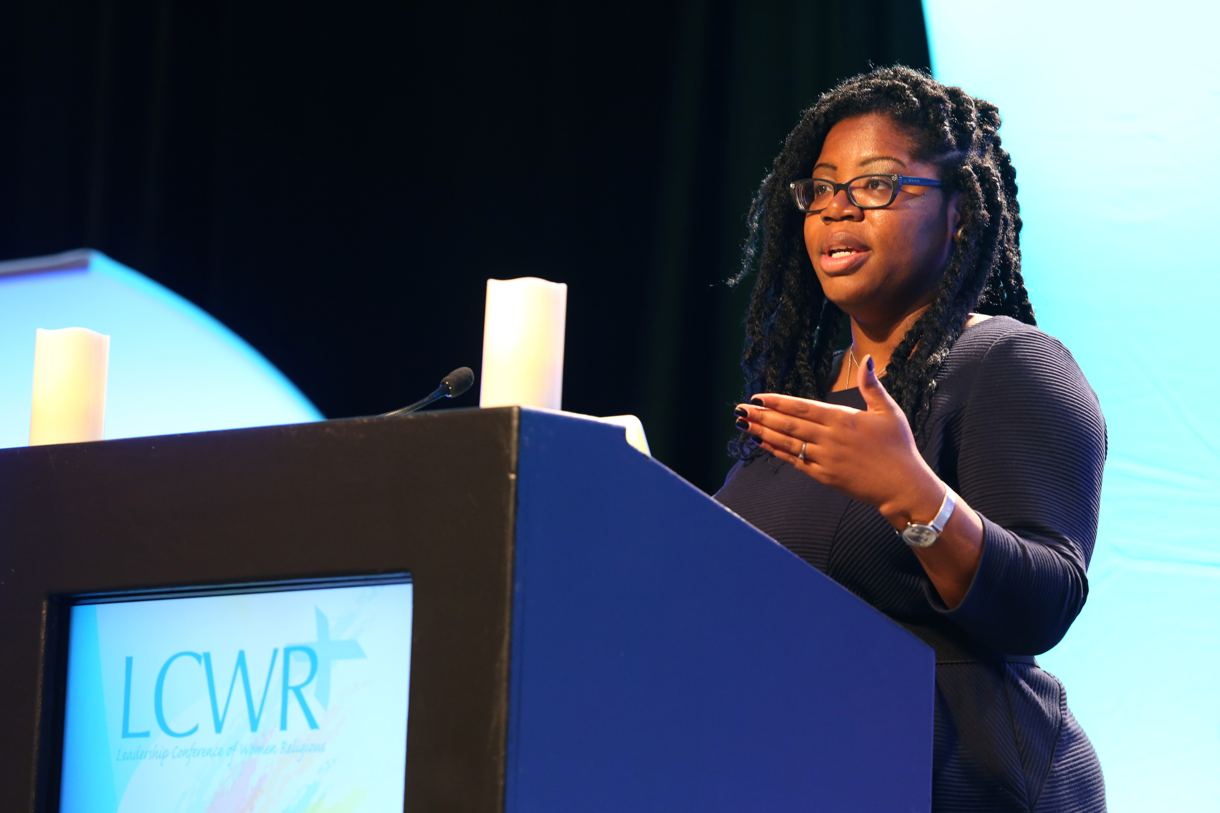 Shannen Dee Williams addresses the Leadership Conference of Women Religious assembly in Atlanta in August 2016. (CNS/Georgia Bulletin/Michael Alexander)