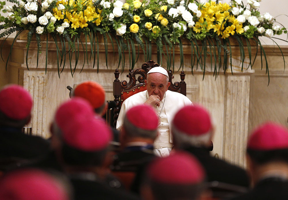 Pope Francis meets with the executive committee of CELAM, the Latin American bishops' council, at the apostolic nunciature in Bogotá, Colombia, Sept. 7, 2017. (CNS/Paul Haring)