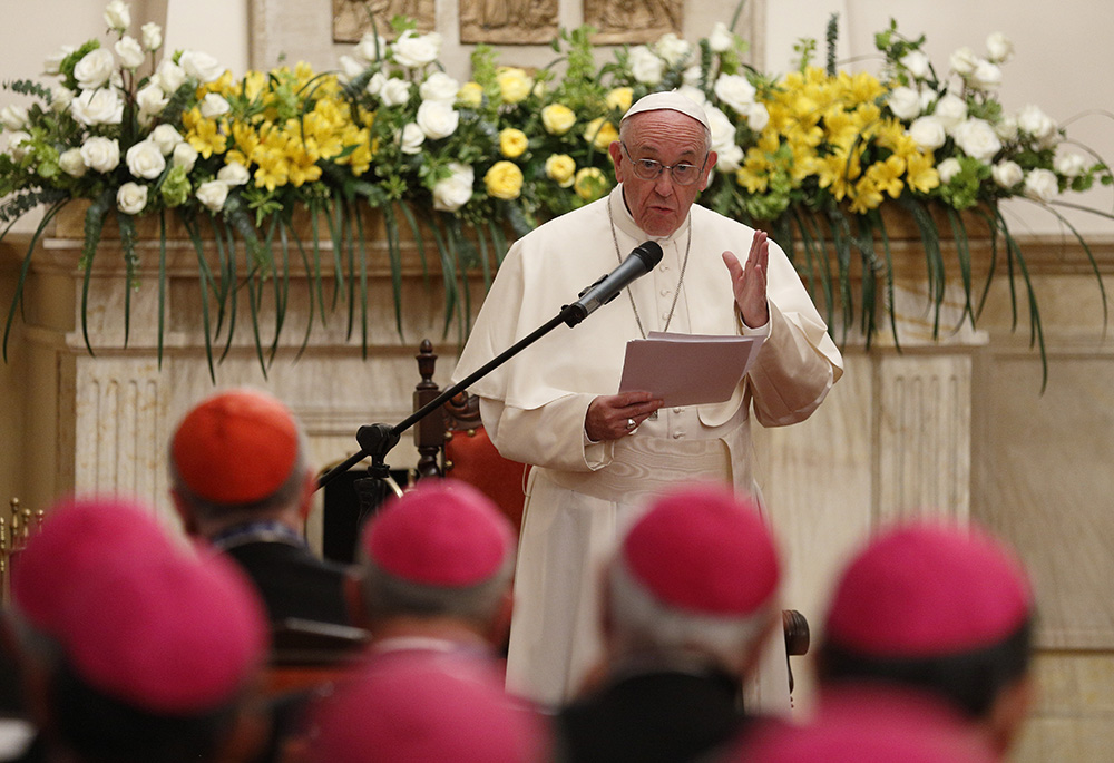 Pope Francis addresses the executive committee of the Latin American bishops' council, or CELAM, at the apostolic nunciature Sept. 7, 2017, in Bogota, Colombia. (CNS/Paul Haring)