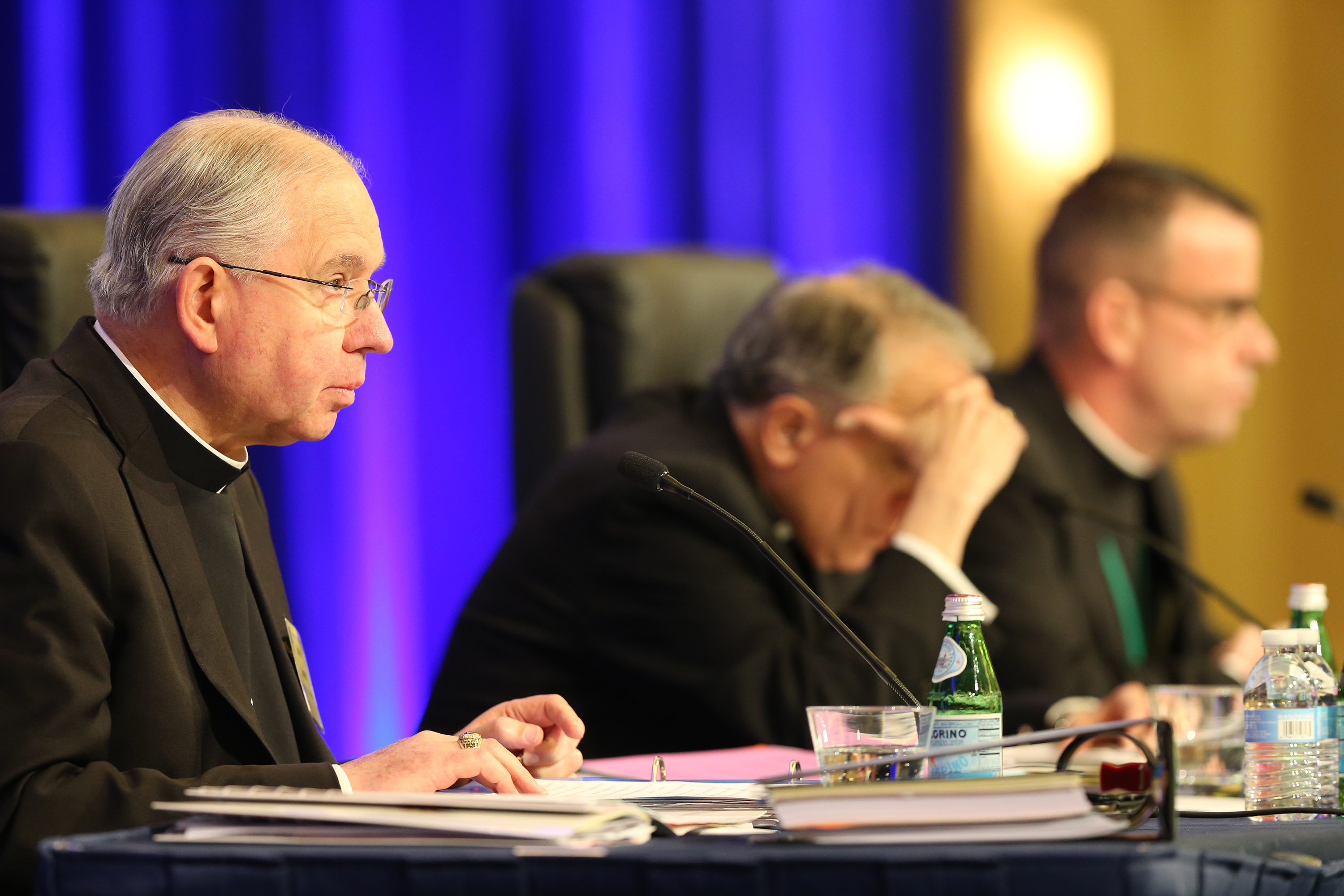 Archbishop Jose H. Gomez of Los Angeles, vice president of the U.S. Conference of Catholic Bishops, gives the opening prayer Nov. 13 at the bishops' fall general assembly in Baltimore. Also pictured are Cardinal Daniel N. DiNardo of Galveston-Houston, USC Archbishop Jose H. Gomez of Los Angeles, vice president of the U.S. Conference of Catholic Bishops, gives the opening prayer Nov. 13 at the bishops' fall general assembly in Baltimore. Also pictured are Cardinal Daniel N. DiNardo of Galveston-Houston, USC