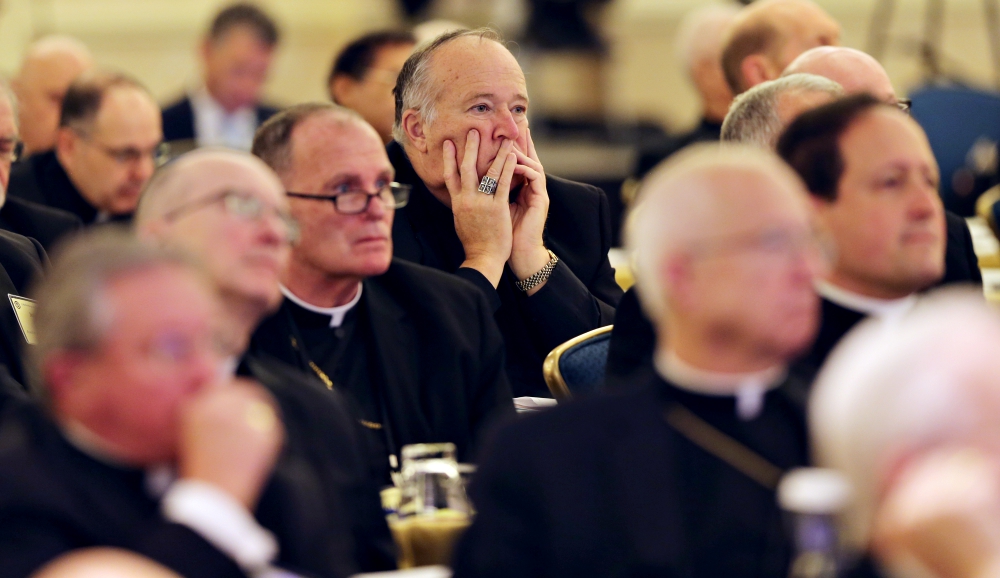 San Diego Bishop Robert McElroy, center, and other U.S. bishops listen to a speaker Nov. 13 during their fall general assembly in Baltimore. (CNS/Bob Roller)