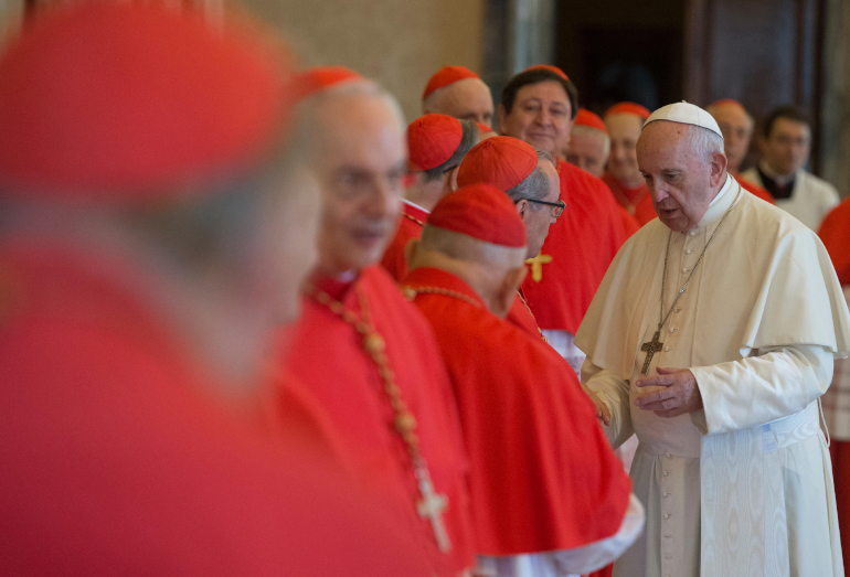 Pope Francis talks with Cardinal Santos Abril Castello during an ordinary public consistory in July 2018. (CNS/Vatican Media)