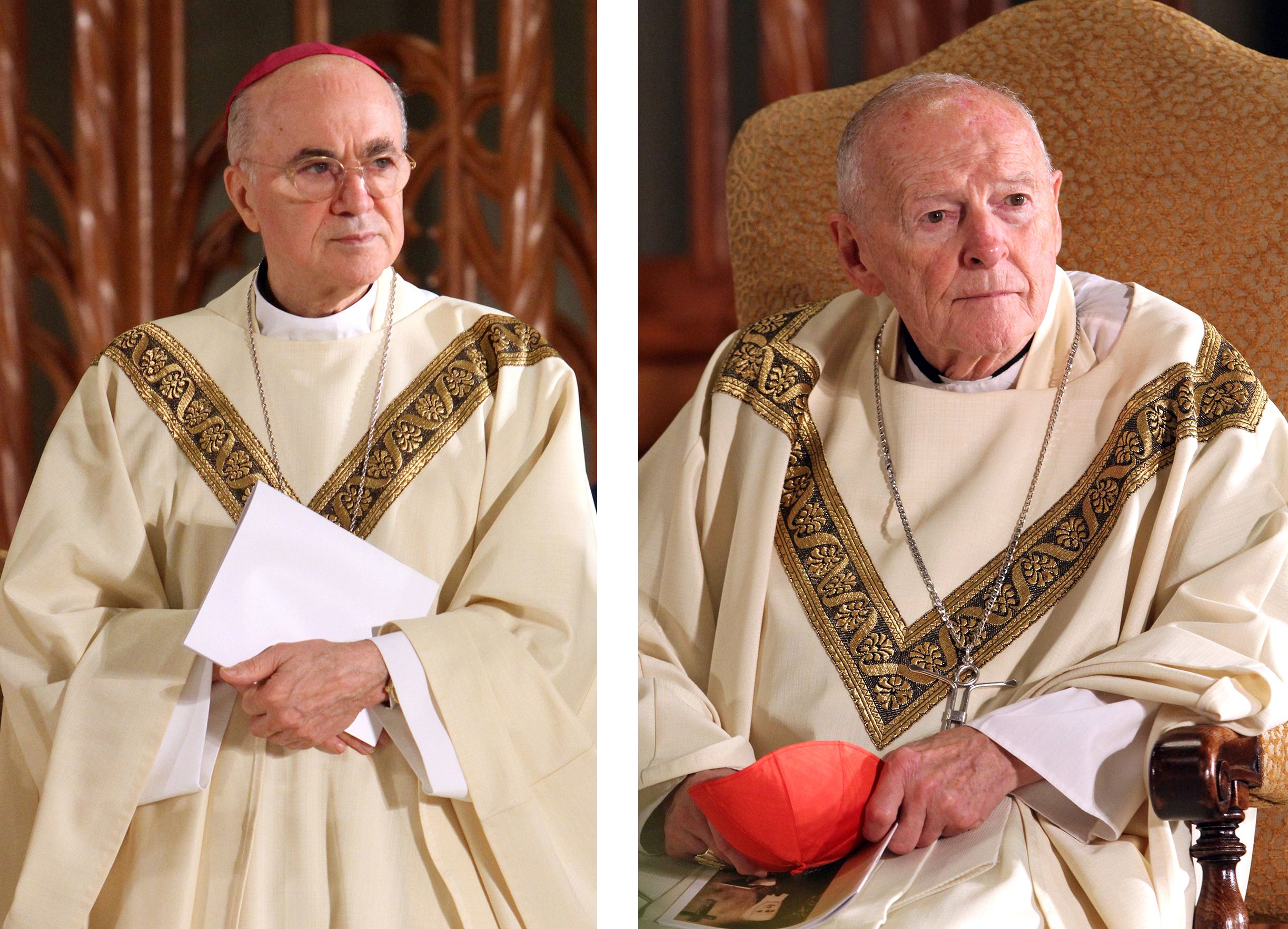 Archbishop Carlo Maria Vigano, then nuncio to the United States, and then-Cardinal Theodore E. McCarrick of Washington, are seen in a combination photo from Oct. 4, 2014. (CNS/Gregory A. Shemitz) Archbishop Carlo Maria Vigano, then nuncio to the United States, and then-Cardinal Theodore E. McCarrick of Washington, are seen in a combination photo from Oct. 4, 2014. (CNS/Gregory A. Shemitz)