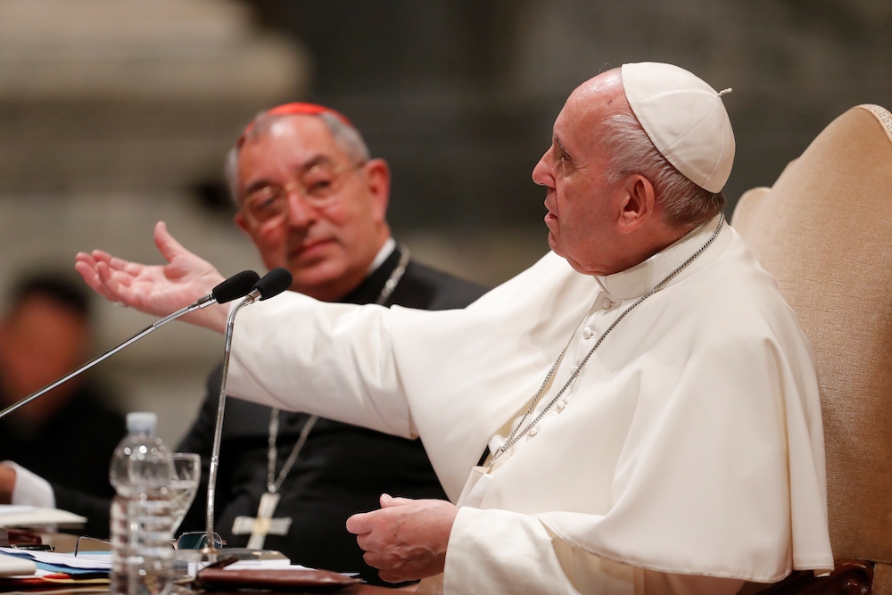 Pope Francis gestures as he addresses more than 1,000 diocesan leaders, both clergy and laity, May 9, 2019, at the Basilica of St. John Lateran, the cathedral of the Diocese of Rome. Seated next to the pope is Cardinal Angelo de Donatis, vicar of Rome. (C