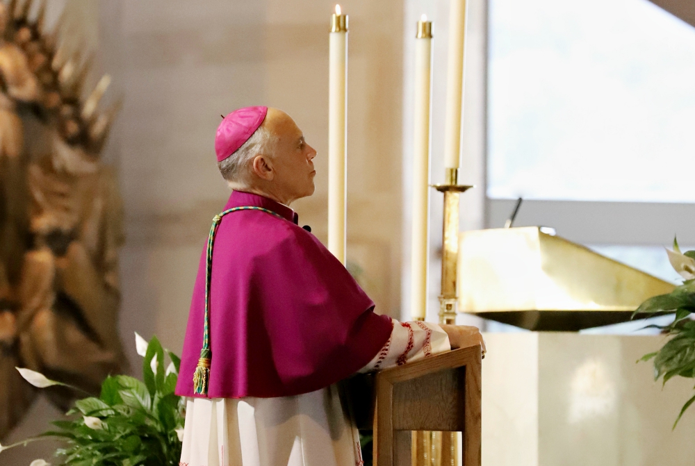 San Francisco Archbishop Salvatore Cordileone leads the rosary at the Cathedral of St. Mary of the Assumption before Mass to conclude the Novena for Life Aug. 11. (CNS/Archdiocese of San Francisco Office of Human Life & Dignity/Debra Greenblat)