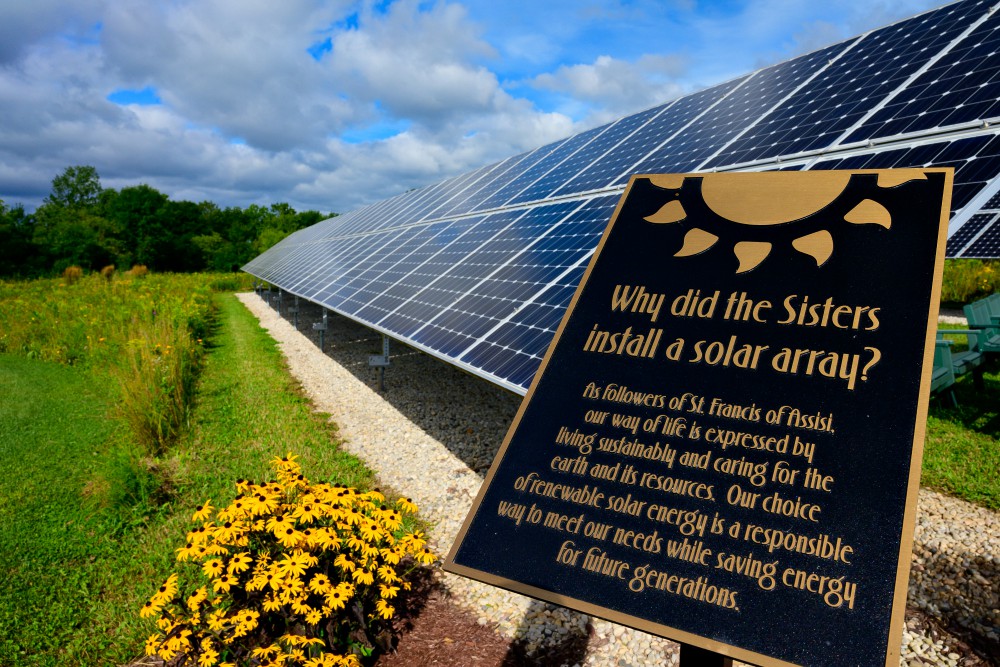 In addition to installing 280 new solar panels, the Sisters of St. Francis of the Holy Cross in Green Bay, Wisconsin, offer an educational path with seven plaques explaining solar energy. (CNS/The Compass/Sam Lucero) In addition to installing 280 new solar panels, the Sisters of St. Francis of the Holy Cross in Green Bay, Wisconsin, offer an educational path with seven plaques explaining solar energy. (CNS/The Compass/Sam Lucero)