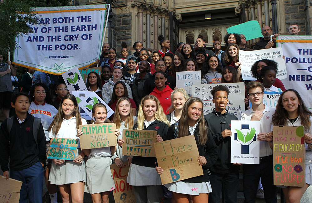 Students from Catholic schools in the Washington Archdiocese stand outside St. Patrick's Church in Washington Sept. 20, 2019, where about 200 of them had gathered to pray prior to the climate change rally in front of the Capitol. (CNS/Carol Zimmerman) Students from Catholic schools in the Washington Archdiocese stand outside St. Patrick's Church in Washington Sept. 20, 2019, where about 200 of them had gathered to pray prior to the climate change rally in front of the Capitol. (CNS/Carol Zimmerman)