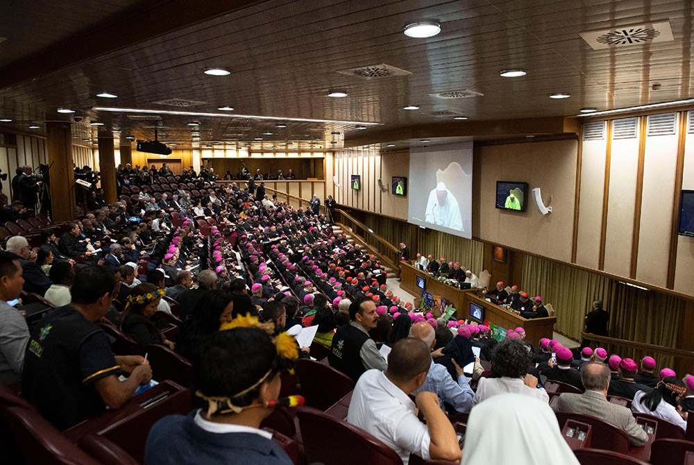 Pope Francis attends the first session of the Synod of Bishops for the Amazon Oct. 7, 2019, at the Vatican. (CNS/Vatican Media) 