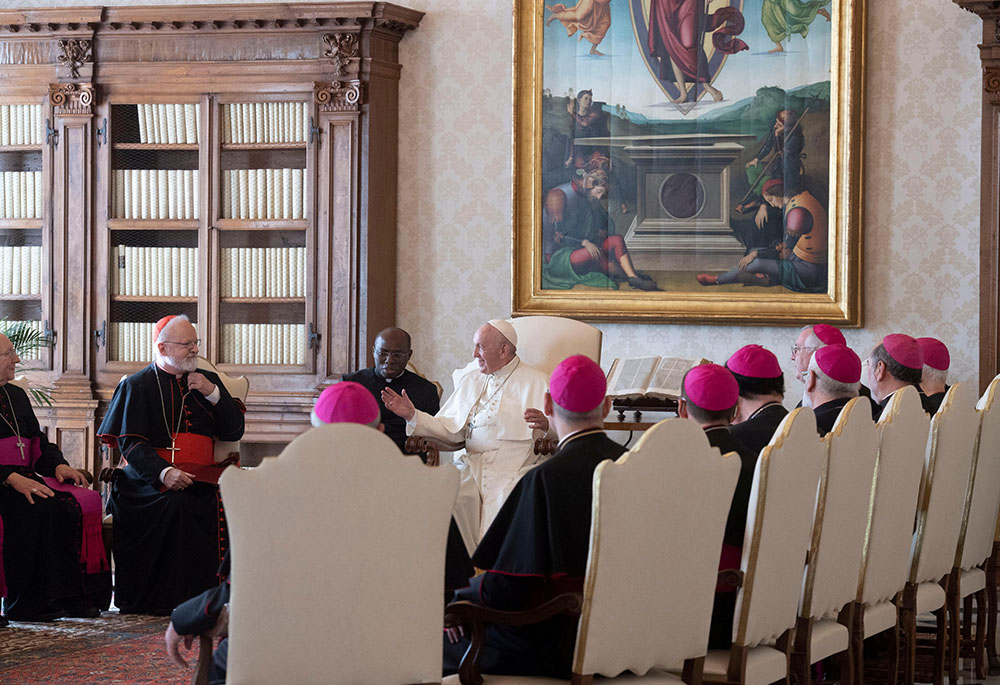 Pope Francis speaks to Boston Cardinal Sean O'Malley, second from left, alongside other U.S. bishops during their "ad limina" visits at the Vatican Nov. 7, 2019. (CNS/Vatican Media) Pope Francis speaks to Boston Cardinal Sean O'Malley, second from left, alongside other U.S. bishops during their "ad limina" visits at the Vatican Nov. 7, 2019. (CNS/Vatican Media)