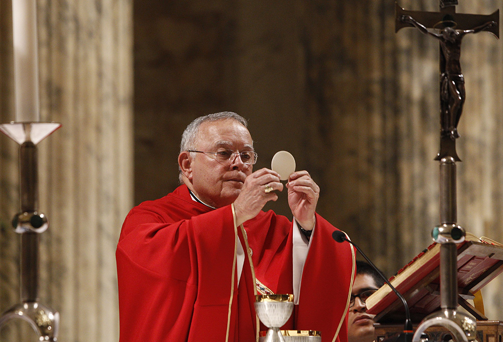 Archbishop Charles Chaput elevates the Eucharist as U.S. bishops from New Jersey and Pennsylvania concelebrate Mass at the Basilica of St. Paul Outside the Walls in Rome Nov. 27, 2019. (CNS/Robert Duncan) Archbishop Charles Chaput elevates the Eucharist as U.S. bishops from New Jersey and Pennsylvania concelebrate Mass at the Basilica of St. Paul Outside the Walls in Rome Nov. 27, 2019. (CNS/Robert Duncan)