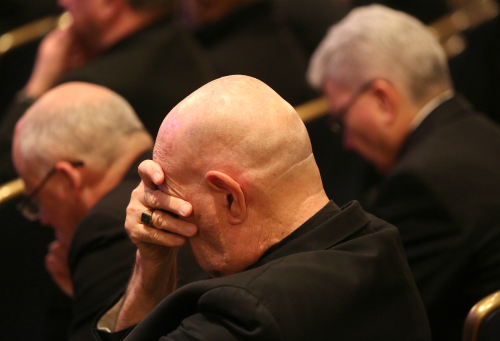 Bishops pray before the Blessed Sacrament in the chapel during a day of prayer Nov. 12, 2018, before hearing from abuse survivors at their fall general assembly in Baltimore. (CNS/Bob Roller) Bishops pray before the Blessed Sacrament in the chapel during a day of prayer Nov. 12, 2018, before hearing from abuse survivors at their fall general assembly in Baltimore. (CNS/Bob Roller)