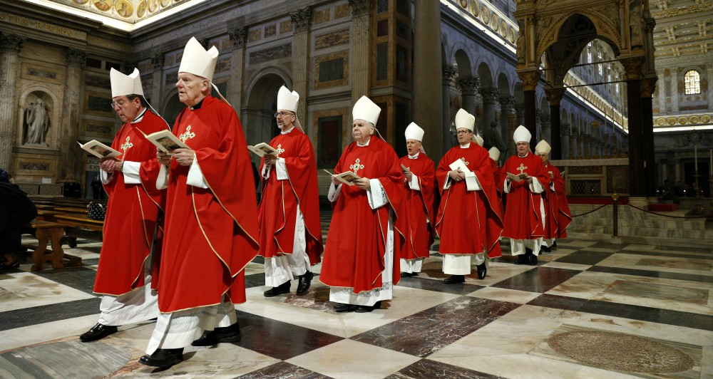 A group of U.S. bishops making their "ad limina" visits to the Vatican arrive to concelebrate Mass at the Basilica of St. Paul Outside the Walls in Rome Dec. 11, 2019. (CNS/Paul Haring)