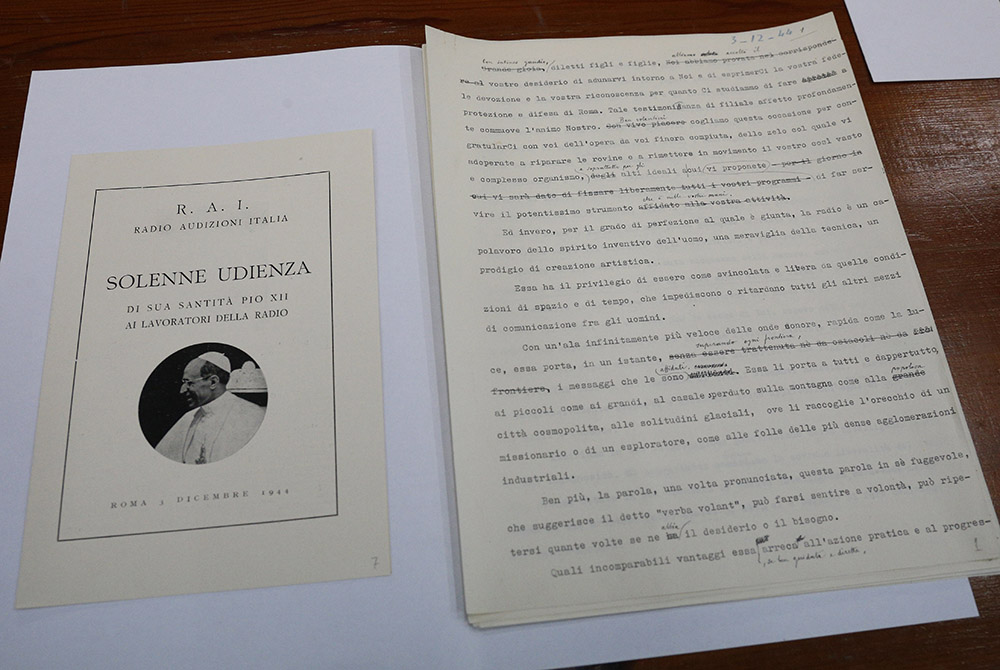 Handwritten corrections by Pope Pius XII are pictured on his text for a Dec. 3, 1944, audience with employees of Italian broadcaster RAI. The text was among materials from his pontificate on display for journalists in the Vatican Apostolic Archives at the Handwritten corrections by Pope Pius XII are pictured on his text for a Dec. 3, 1944, audience with employees of Italian broadcaster RAI. The text was among materials from his pontificate on display for journalists in the Vatican Apostolic Archives at the