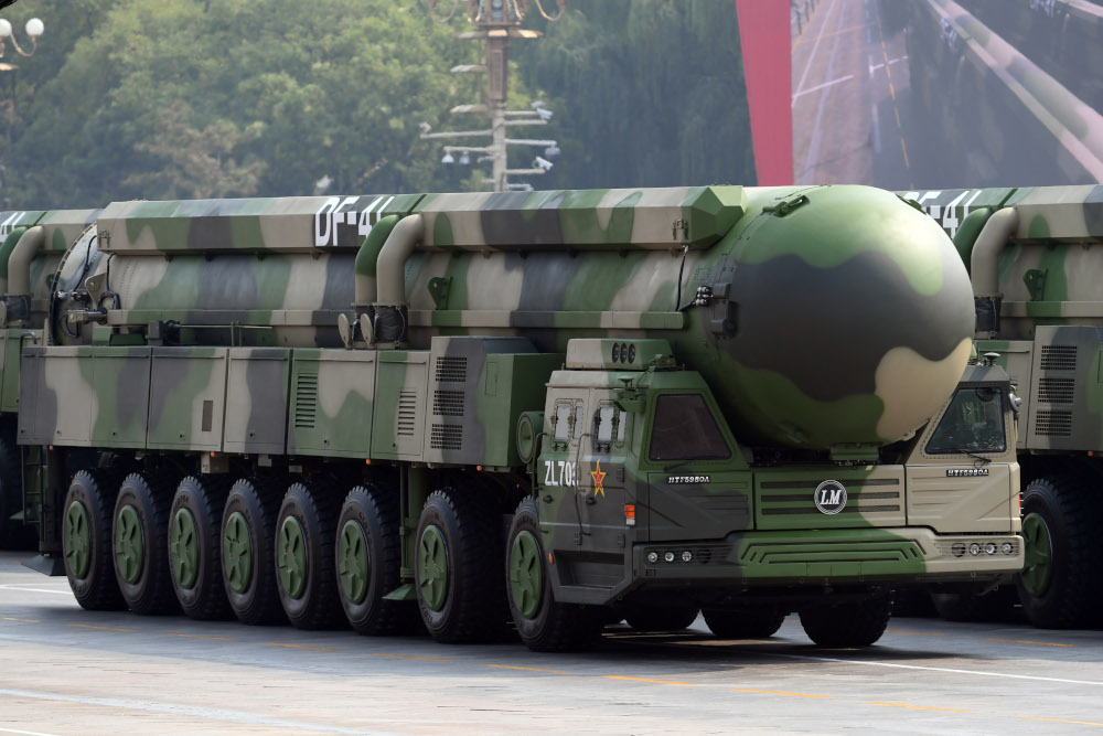 A Dongfeng-41 intercontinental strategic nuclear missiles group formation is seen Oct. 1, 2019, in Beijing. (CNS/Reuters/Weng Qiyu)