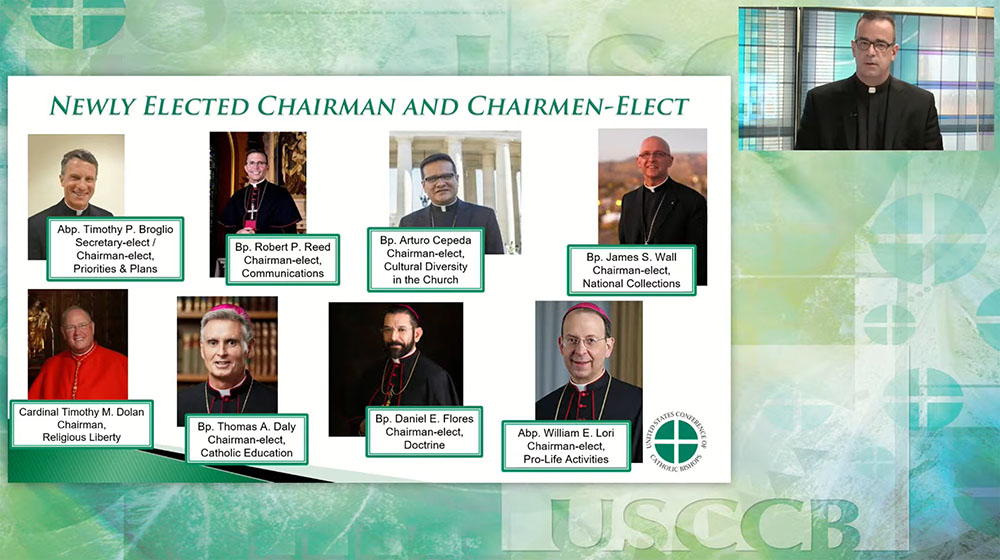 Msgr. J. Brian Bransfield, outgoing general secretary of the U.S. Conference of Catholic Bishops, announces the results of elections Nov. 16, 2020, for seven new chairmen-elect and one chairman of various committees. (CNS screenshot) Msgr. J. Brian Bransfield, outgoing general secretary of the U.S. Conference of Catholic Bishops, announces the results of elections Nov. 16, 2020, for seven new chairmen-elect and one chairman of various committees. (CNS screenshot)