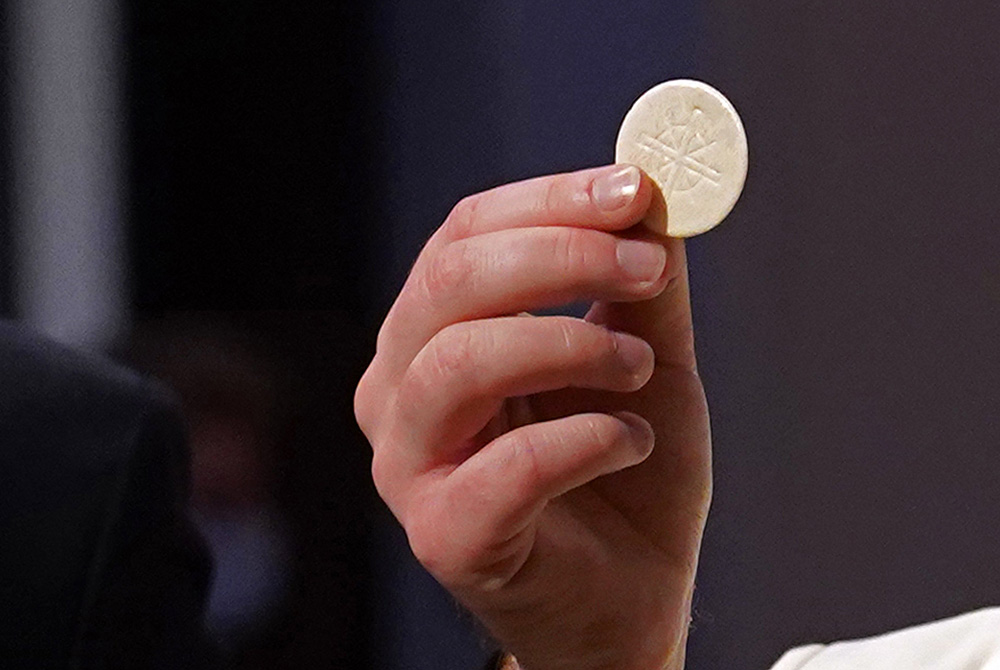 A priest gives the Eucharist to a communicant during a Mass at St. Agnes Cathedral in Rockville Centre, New York, in 2020. (CNS/Gregory A. Shemitz) A priest gives the Eucharist to a communicant during a Mass at St. Agnes Cathedral in Rockville Centre, New York, in 2020. (CNS/Gregory A. Shemitz)