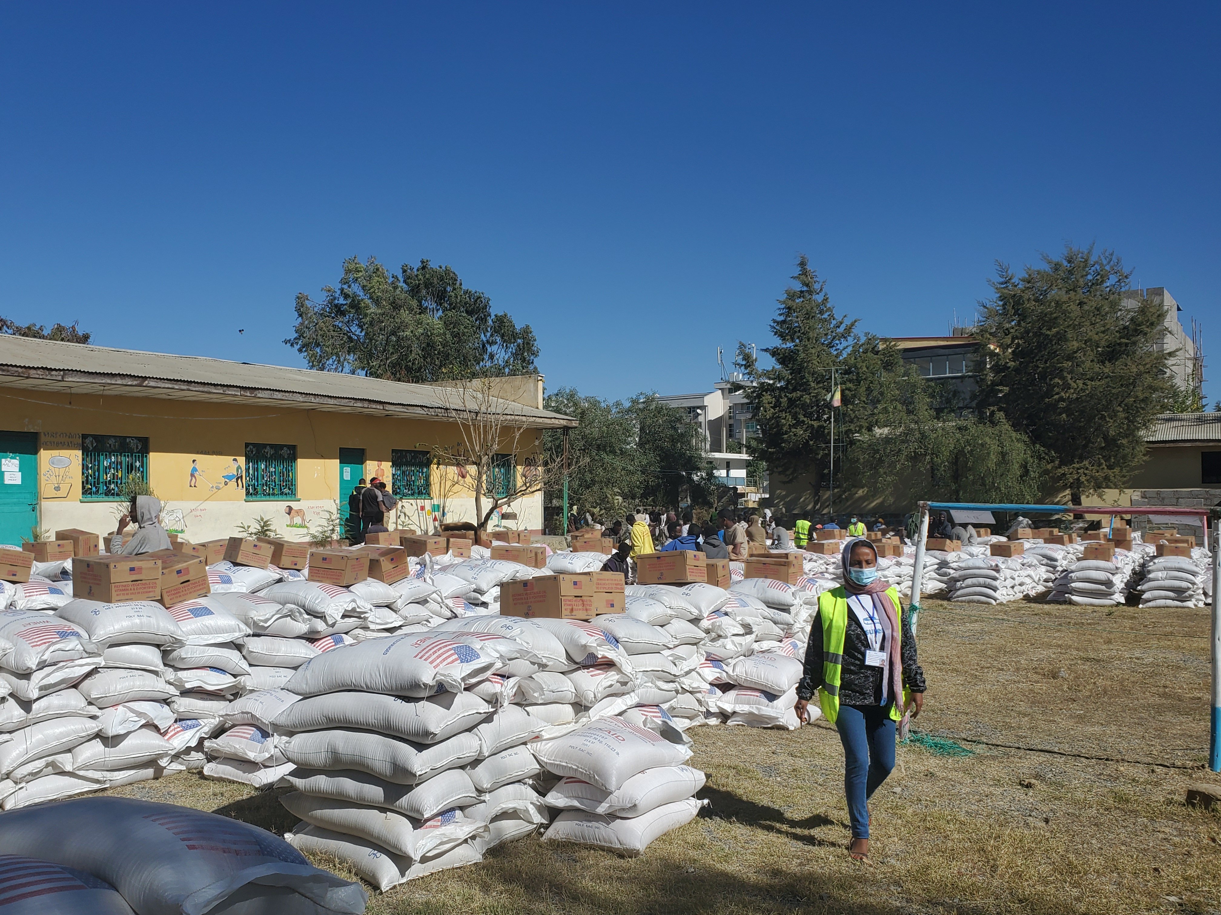 Food aid is prepped for distribution near Mekele in Ethiopia's Tigray region Jan. 28, 2021. Amid increased international calls for unrestricted access, Prime Minister Abiy Ahmed Ali announced Feb. 24 that 135 personnel from bilateral and multilateral orga