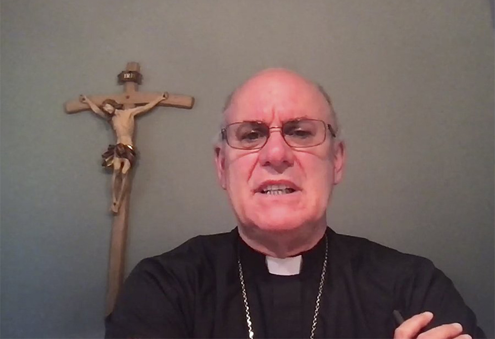 Bishop Kevin Rhoades of Fort Wayne-South Bend, Indiana, chairman of the U.S. bishops' Committee on Doctrine, is seen during a news conference June 17 during the bishops' spring assembly. (CNS screenshot)