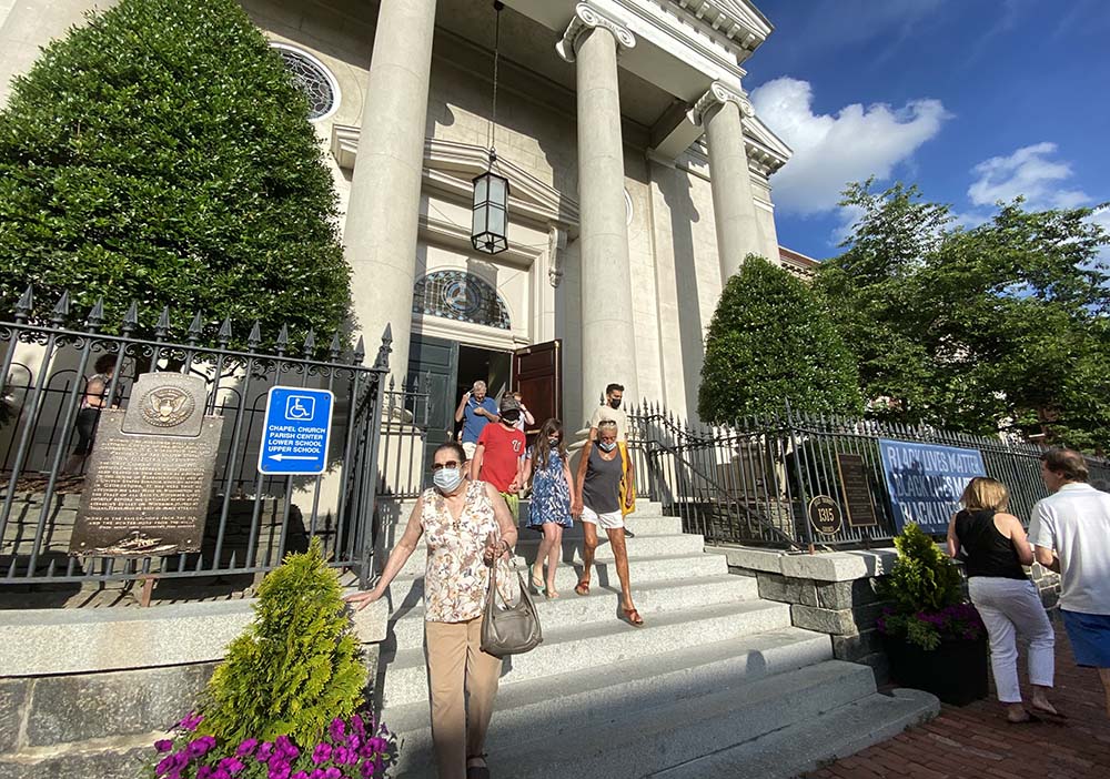 Parishioners at Washington, D.C.'s Holy Trinity Catholic Church, where President Joe Biden sometimes attends Mass, file out after Mass June 27. (CNS/Rhina Guidos)