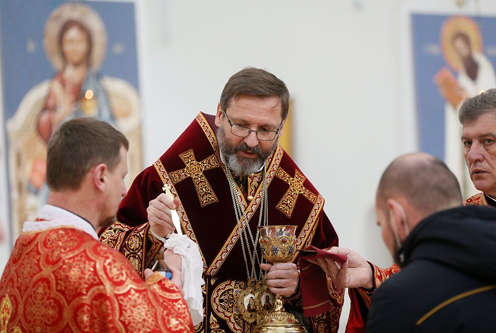 Archbishop Sviatoslav Shevchuk of Kyiv-Halych, Ukraine, major archbishop of the Ukrainian Catholic Church, celebrates the Divine Liturgy at the Cathedral of the Resurrection of Christ in Kiev March 22, 2020. (CNS/Reuters/Valentyn Ogirenko)