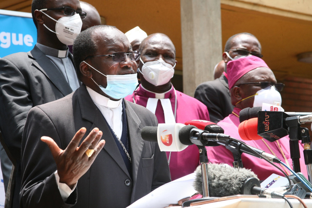 Archbishop Martin Kivuva of Mombasa, Kenya, speaks at a news conference Aug. 26, 2020, in Nairobi. (CNS/Fredrick Nzwili)