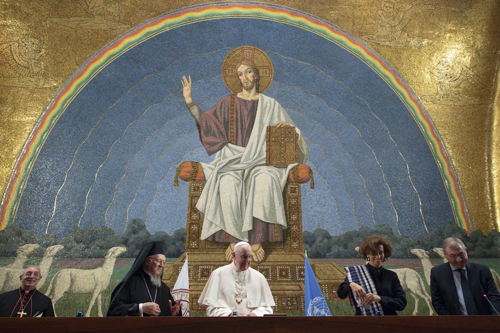 Cardinal Angelo De Donatis, grand chancellor of Rome's Pontifical Lateran University; Ecumenical Patriarch Bartholomew of Constantinople; Pope Francis, Audrey Azoulay, director-general of UNESCO; and Vincenzo Buonomo, the university's rector, meet at the 