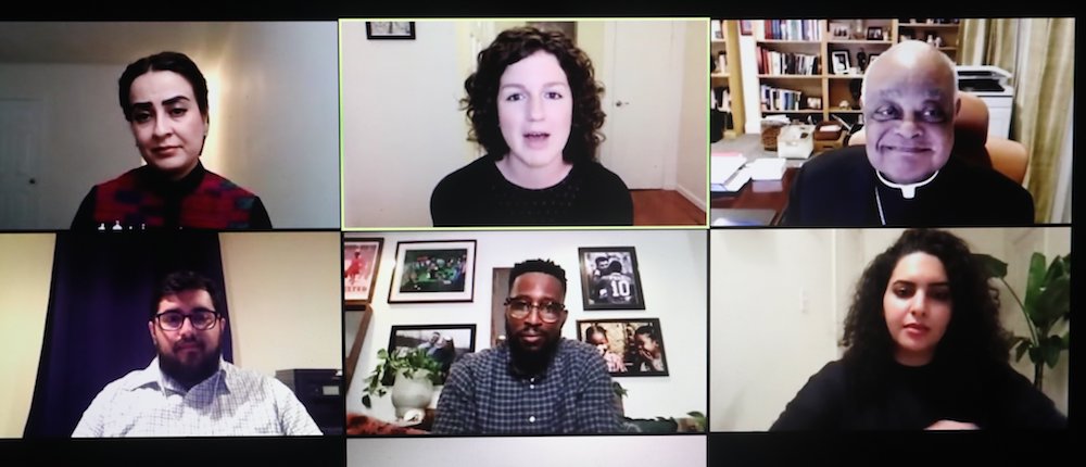 An Oct. 7 virtual discussion on "Who is My Neighbor?" featured, clockwise from top left, in top row, from left, Muzhgan Azizy, a refugee from Afghanistan now in the U.S.; Anna Gordon of Georgetown University's Initiative on Catholic Social Thought and Pub