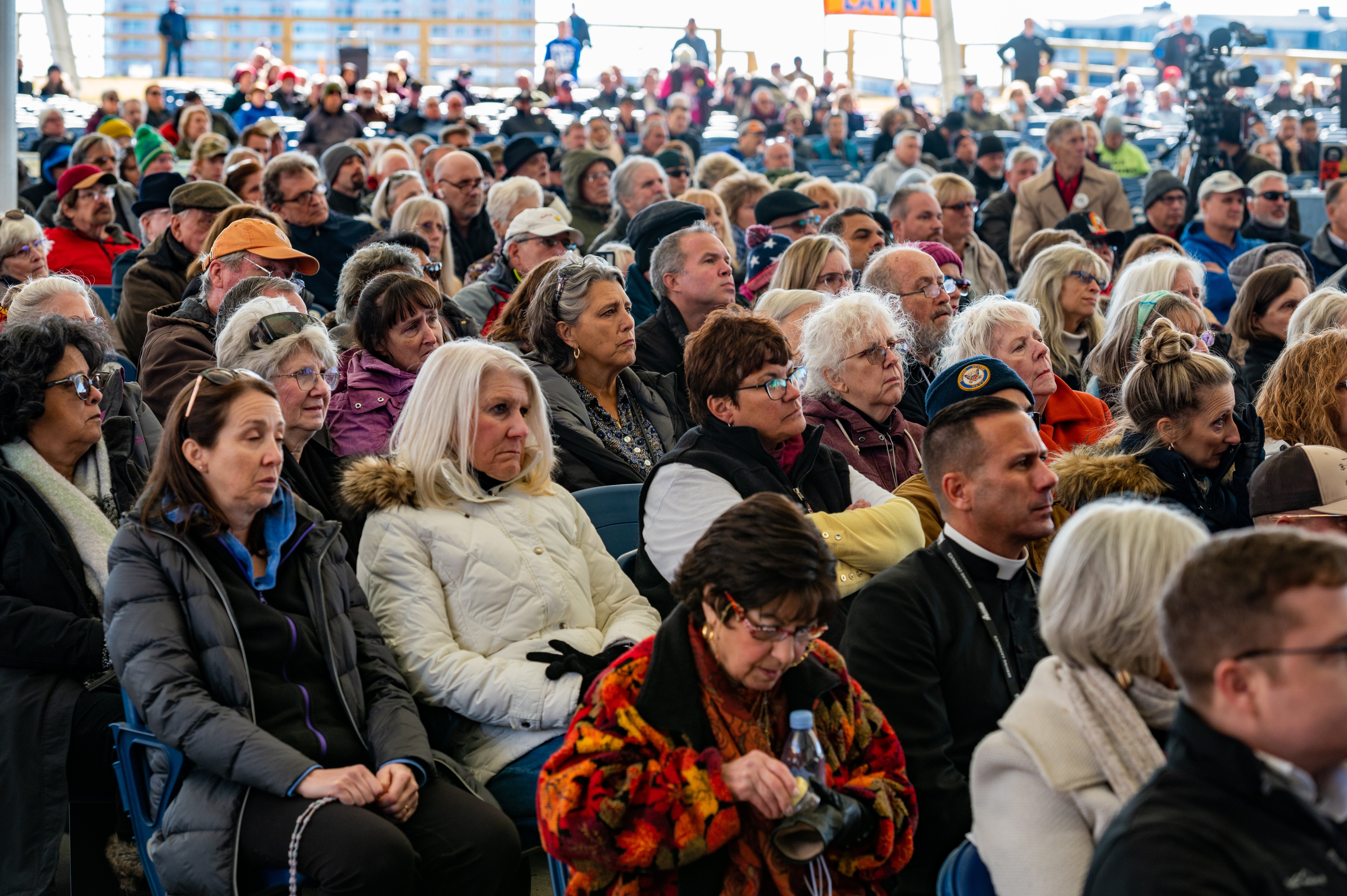 Church Militant supporters listen to presentations Nov. 16, 2021, at a rally in Baltimore near the hotel where the U.S. Conference of Catholic Bishops was holding its fall general assembly Nov. 15-18. (CNS photo/Kevin J. Parks, Catholic Review)