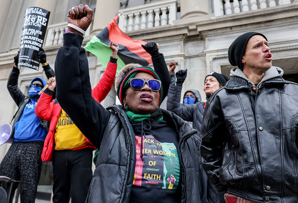 Protesters in Kenosha, Wisconsin, demonstrate on the third day of jury deliberations in the Kyle Rittenhouse trial Nov. 18. Rittenhouse was acquitted Nov. 19 in the shooting deaths of two people and the wounding of another in 2020. (CNS)