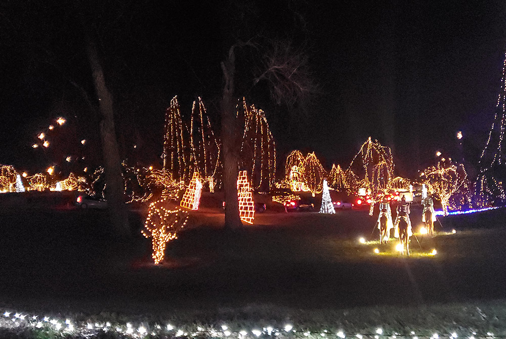 Gold-and-pink gates depict entry into Bethlehem at the Way of Lights at the National Shrine of Our Lady of the Snows, in Belleville, Illinois. The annual Christmas light display recreates scenes from the biblical story of Jesus' birth. (NCR/Brian Roewe)