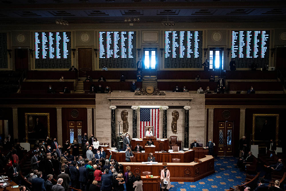 U.S. Speaker of the House Nancy Pelosi, D-California, presides over the House floor on Capitol Hill in Washington Nov. 19, 2021, as the Build Back Better Act passes and moves on to the Senate. (CNS/Reuters/Al Drago)