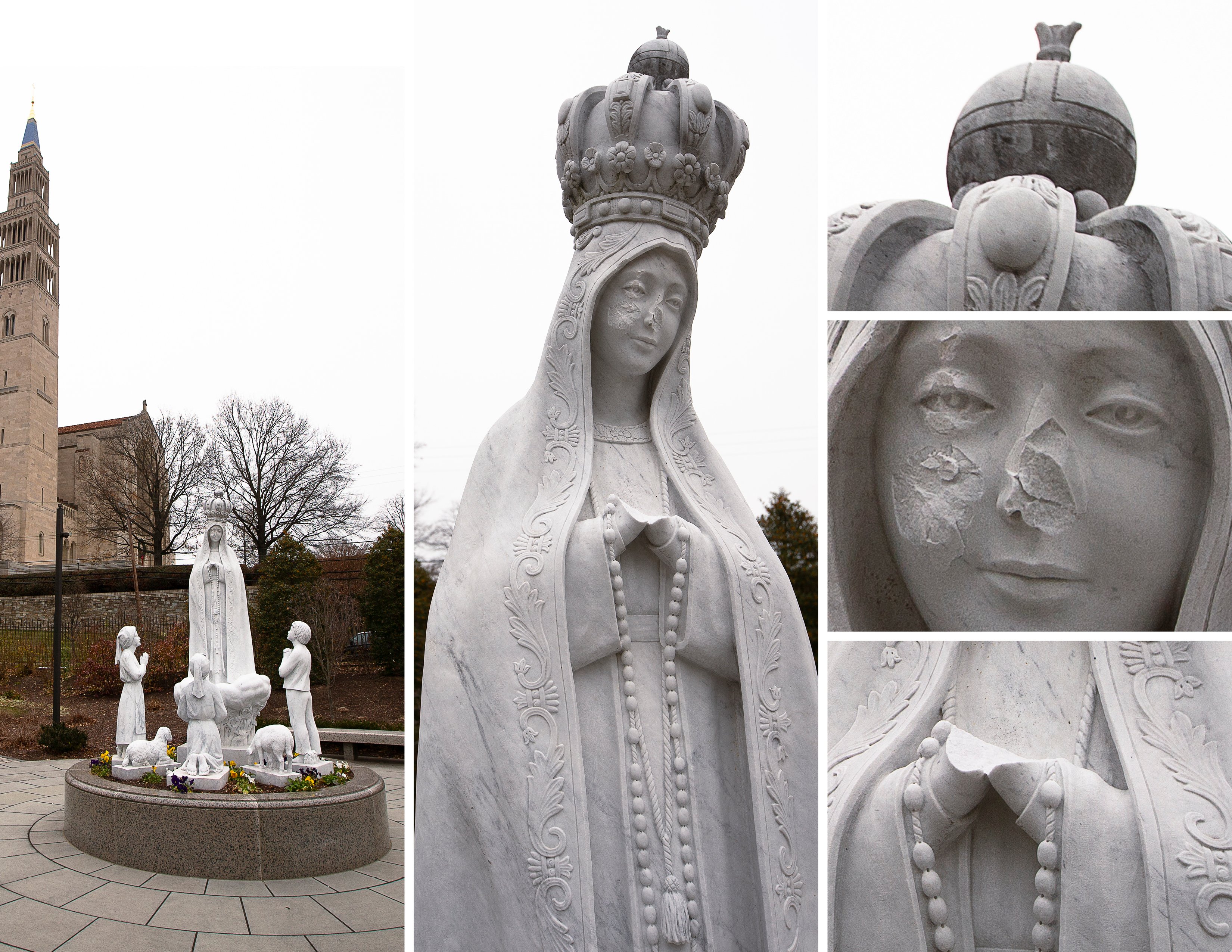 A composite photo shows damage to a statue of Our Lady of Fatima that stands with the three shepherd children near the Basilica of the National Shrine of the Immaculate Conception in Washington Dec. 8, 2021.  (CNS composite; photos by Tyler Orsburn)