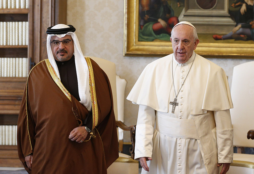 Pope Francis walks with Salman bin Hamad Al Khalifa, crown prince of Bahrain, during a private audience at the Vatican in this Feb. 3, 2020, file photo. (CNS/Paul Haring)