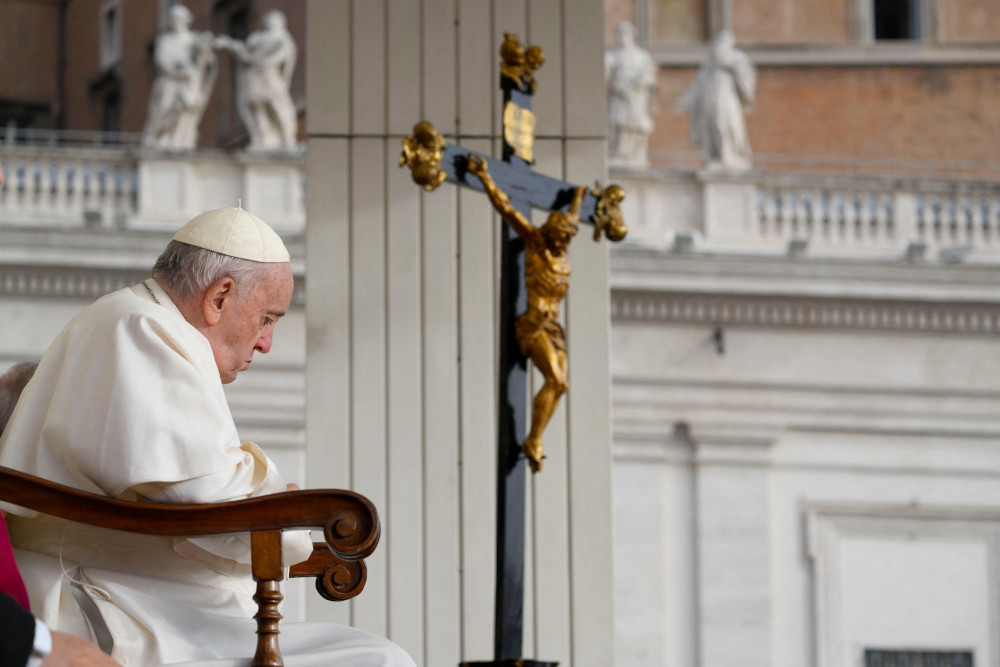 Pope Francis pauses during his general audience at the Vatican Oct. 26, 2022.