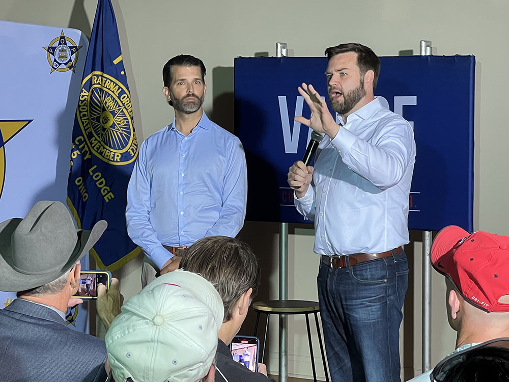 Donald Trump Jr. and U.S. Senate candidate J.D. Vance speak to voters Oct. 5 in Columbus, Ohio. (NCR photo/Brian Fraga)