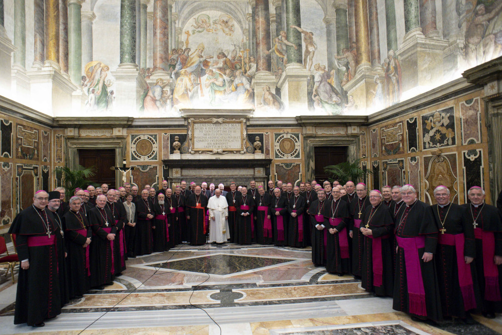 Pope Francis and the bishops of Germany pose for a photo after a meeting in the Clementine Hall of the Apostolic Palace Nov. 17, 2022, 