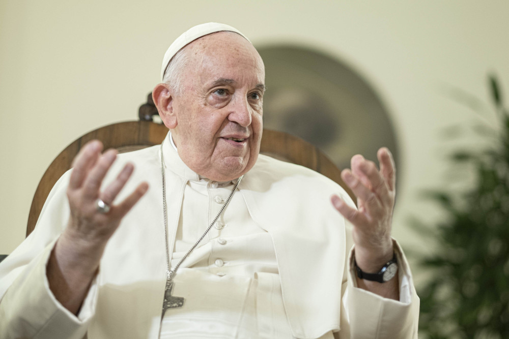 Pope Francis speaks during an interview with the top staff of America magazine at the Vatican Nov. 22, 2022. During the wide-ranging interview, Pope Francis talked about polarization in the church, the role of women, the ministry of bishops, and more. (CNS photo/Antonello Nusca, America Media)