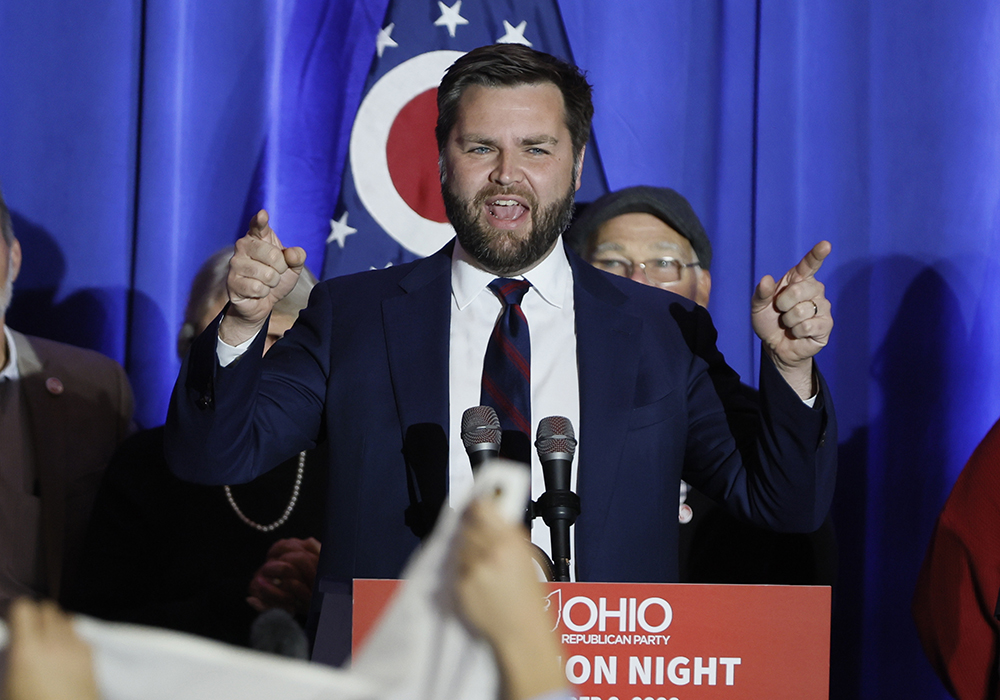 Republican U.S. Sen.-elect JD Vance speaks during an election night watch party Nov. 8 in Columbus, Ohio. (AP photo/Jay LaPrete)