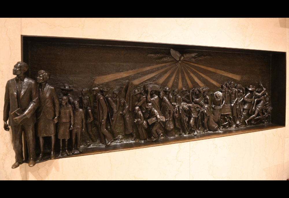 A bas relief sculpture seen Sept. 17 on the wall of the Our Mother of Africa Chapel at the Basilica of the National Shrine of the Immaculate Conception in Washington depicts the African American experience from slavery to emancipation and the civil rights movement. (CNS)