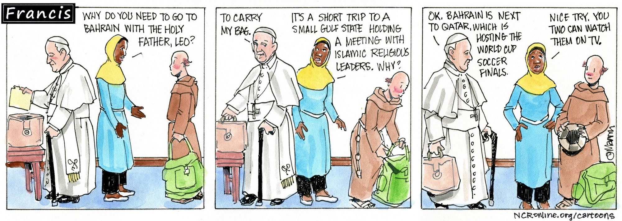 Francis, the comic strip: Leo needs to go with Francis to Bahrain. But why?