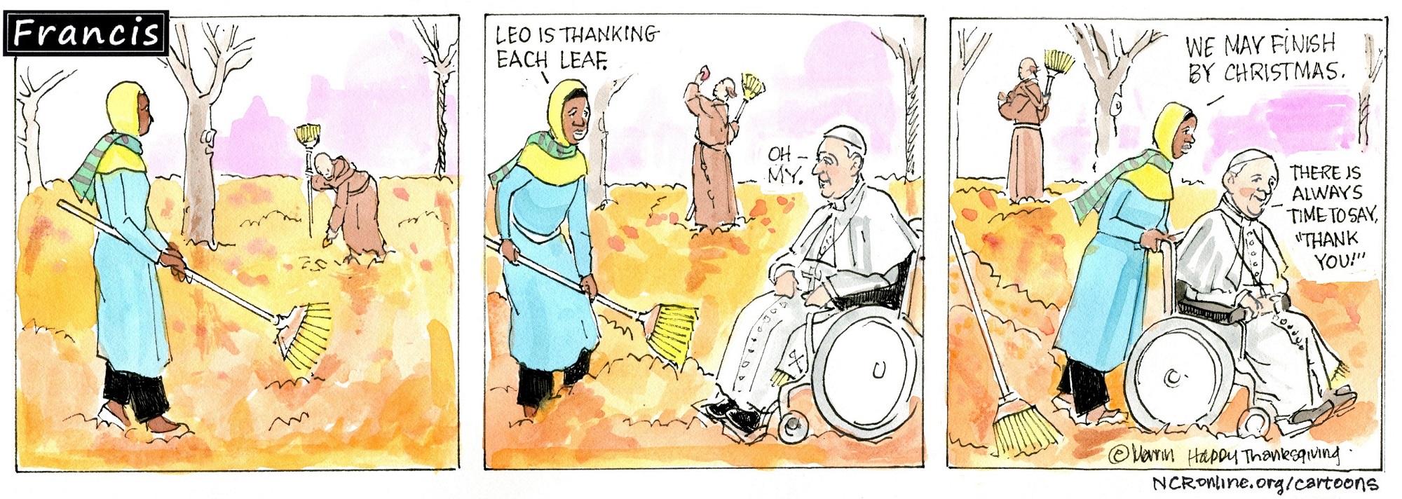 Francis, the comic strip: Happy Thanksgiving! Leo celebrates, even as he rakes leaves.