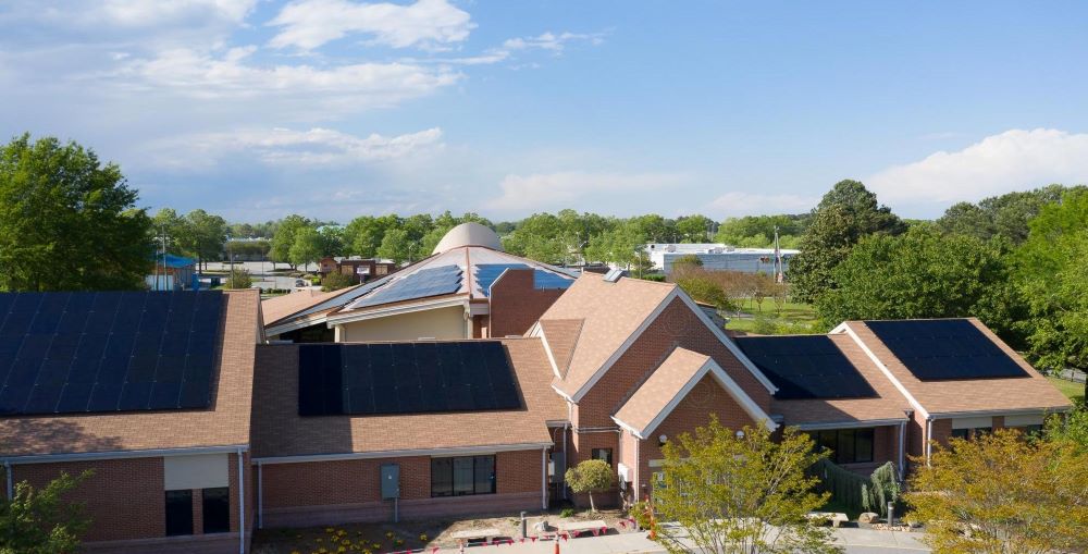 The Church of St. Therese in Chesapeake, Va., seen April 21, 2020, is one four churches in the Diocese of Richmond that had solar panels installed in 2020. (CNS/Catholic Virginian/Vy Barto)