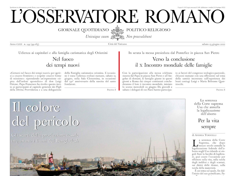 The front page of L'Osservatore Romano, the Vatican newspaper, from June 25, 2022. (CNS photo/L’Osservatore Romano)