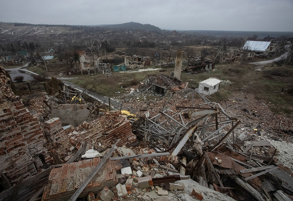 A destroyed Orthodox church is seen Dec. 8, 2022, in Bohorodychne, in the Donetsk region of Ukraine. (CNS/Reuters/Yevhen Titov)